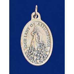 Silvertone Catholic Medal Charm Our Lady of Assumption Pray for Us 1 Inch